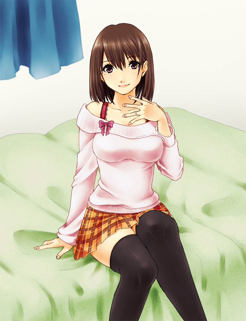 1girl, anegasaki_nene, bad_id, bad_pixiv_id, bed, black_thighhighs, blush, bra_strap, breasts, brown_eyes, brown_hair, curtains, female_focus, jewelry, konnyaku_kyuudai, large_breasts, lips, looking_at_viewer, love_plus, mole, mole_under_eye, nail_polish, on_bed, plaid_clothes, plaid_skirt, pleated_skirt, ring, short_hair, sitting, skirt, solo, thighhighs, zettai_ryouiki