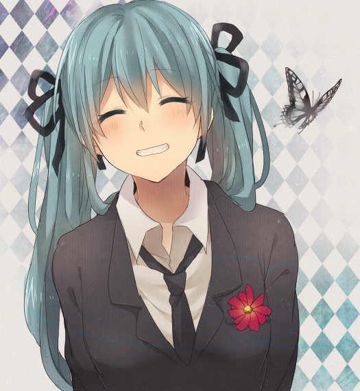 1girl, aqua_hair, argyle_background, argyle_clothes, boutonniere, bug, butterfly, female_focus, flower, formal_clothes, grin, hair_ribbon, hatsune_miku, hatsune_miku_(saihate), insect, long_hair, pocky1202, ribbon, saihate_(vocaloid), smile, solo, suit, twintails, vocaloid