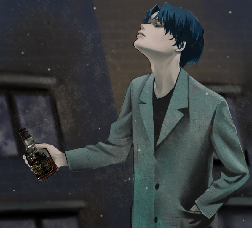 1boy, alcohol, bad_id, bad_pixiv_id, blue_eyes, blue_hair, bottle, fate/zero