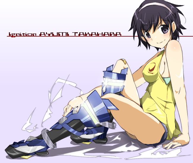 1girl, bandaid, bandaid_on_knee, bandaid_on_leg, bare_shoulders, black_hair, blush, boots, breasts, character_name, covered_erect_nipples, female_focus, from_side, full_body, grey_eyes, hairband, kami_nomi_zo_shiru_sekai, knee_boots, medium_breasts, short_hair, sideboob, solo, takahara_ayumi, trefle_r