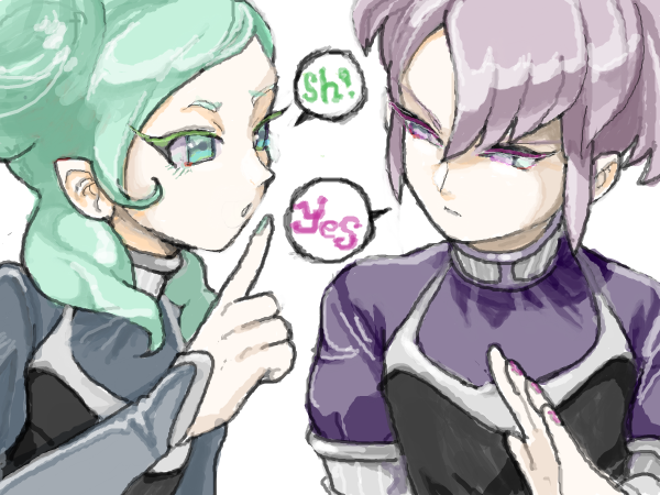 1boy, 1girl, alpha_(inazuma_eleven), bad_drawr_id, bad_id, beta_(inazuma_eleven), finger_to_mouth, green_eyes