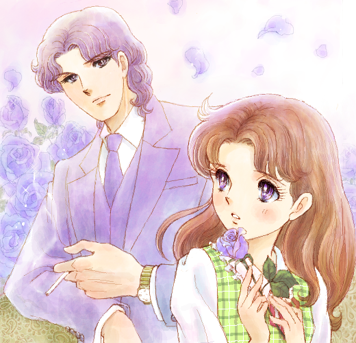 1boy, 1girl, brown_hair, cigarette, flower, formal_clothes, glass_no_kamen, hayami_masami, hayami_masumi, kitajima_maya, long_hair, necktie, official_style, purple_eyes, purple_flower, purple_hair, purple_necktie, purple_rose, retro_artstyle, rose, sakai_yume, short_hair, suit, watch, wristwatch