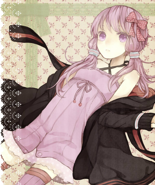 1girl, bad_id, bad_pixiv_id, bare_shoulders, camisole, female_focus, haturu-miyabi, jacket, miyabi_hatsuru, purple_eyes, purple_hair, ribbon, solo, thighhighs, vocaloid, voiceroid, yuzuki_yukari