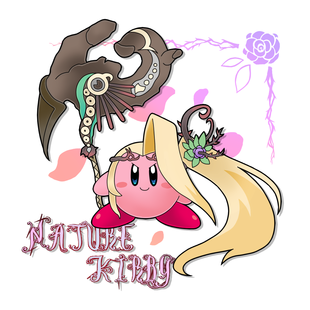 blonde_hair, blue_eyes, company_connection, copy_ability, cosplay, crossover, flower, hair_ornament, kid_icarus, kid_icarus_uprising, kirby, kirby_(series), long_hair, md5_mismatch, nintendo, no_humans, oomoto_makiko, petals, resolution_mismatch, sak-hi_(skh_anncmnt), side_ponytail, smile, solo, source_smaller, staff, viridi, viridi_(cosplay), voice_actor_connection