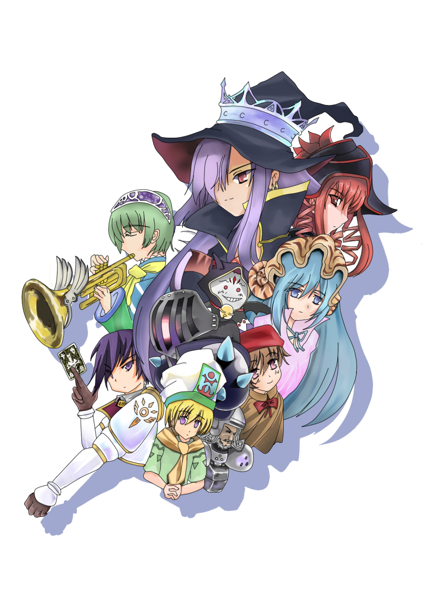 armor, beard, beret, blonde_hair, blue_eyes, blue_hair, brown_hair, crown, closed_eyes, facial_hair, fatima, gloves, green_hair, grey_hair, hat, highres, instrument, josie, karen_(luminous_arc), luminous_arc, luminous_arc_2, luna_(luminous_arc), pip_(luminous_arc), purple_eyes, purple_hair, red_eyes, red_hair, rina_(luminous_arc), roland_(luminous_arc), sadie