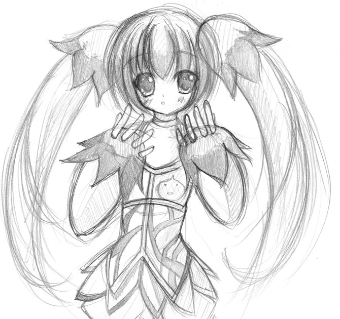 1girl, choker, flower, kopin, long_hair, luminous_arc, luminous_arc_2, monochrome, potpourri_(luminous_arc), skirt, twintails