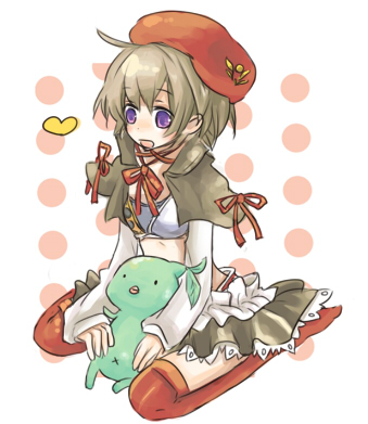 1girl, beret, brown_hair, hat, kopin, lowres, luminous_arc, luminous_arc_2