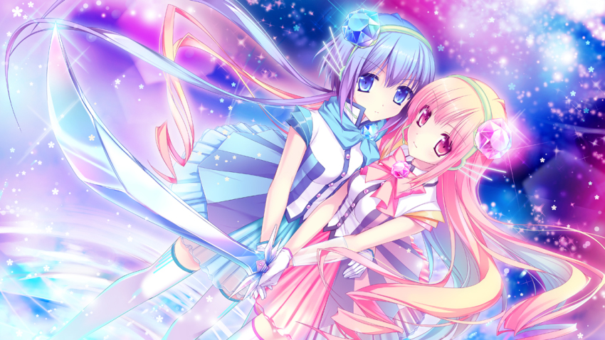 2girls, aoki_lapis, bad_id, bad_pixiv_id, blue_eyes, blue_hair, dress, gem, headset, holding, kimishima_ao, long_hair, merli_(vocaloid), multiple_girls, pink_eyes, pink_hair, striped_clothes, striped_dress, sword, thighhighs, vocaloid, weapon
