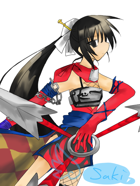 1girl, black_eyes, black_hair, character_name, elbow_gloves, gloves, luminous_arc, saki_(luminous_arc)