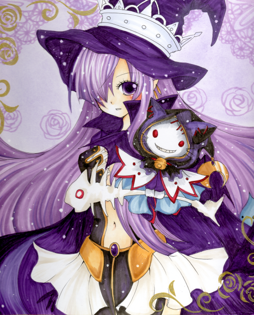 cat, crown, fatima, hair_over_one_eye, hat, josie, kopin, long_hair, luminous_arc, luminous_arc_2, mizame, navel, purple_background, purple_eyes, purple_hair, witch_hat