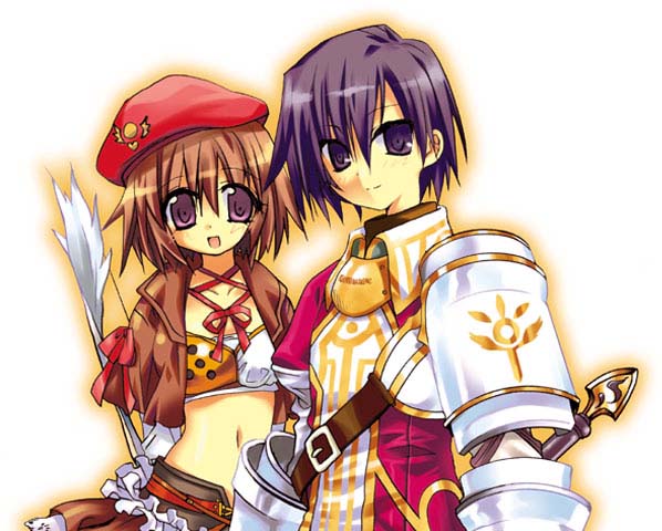 1boy, 1girl, armor, belt, beret, bow_(weapon), brown_hair, frills