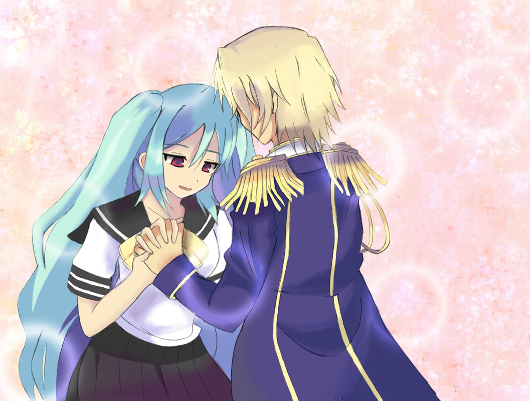 1boy, 1girl, blonde_hair, blue_hair, breasts, long_hair, luminous_arc, luminous_arc_3