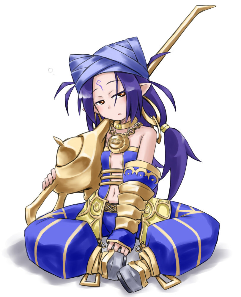 1girl, bare_shoulders, blue_hair, breasts, brown_eyes, earrings, hoop_earrings, jewelry, kugelschreiber, long_hair, luminous_arc, navel, open_mouth, pants, pointy_ears, shoes, vivi_(luminous_arc)