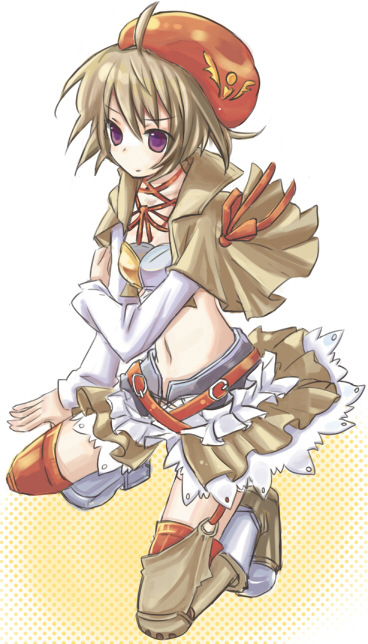 1girl, belt, beret, breasts, brown_hair, frills, hat, luminous_arc, luminous_arc_2, midriff, navel, purple_eyes, rina_(luminous_arc), short_hair, skirt