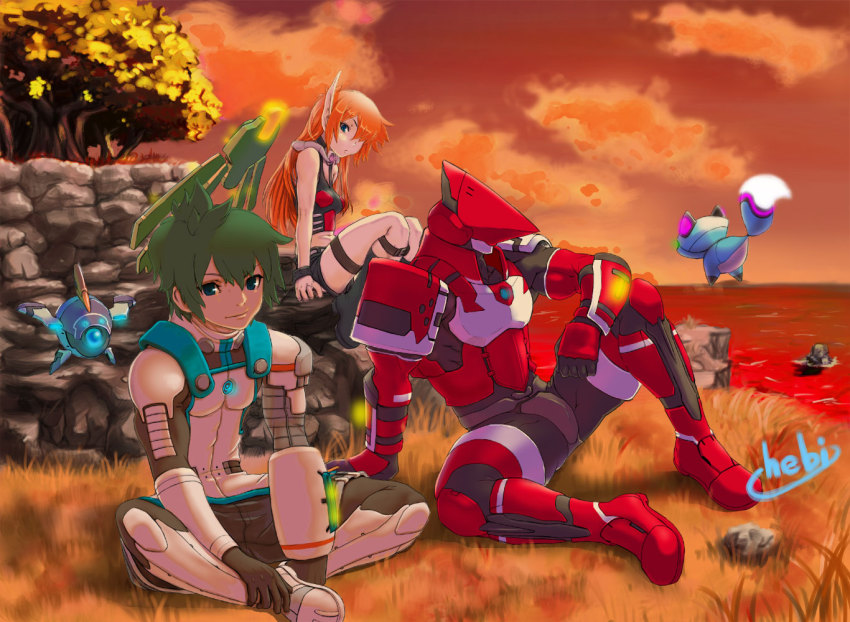 1girl, 2boys, :o, android, bad_id, bad_pixiv_id, blue_eyes, cloud