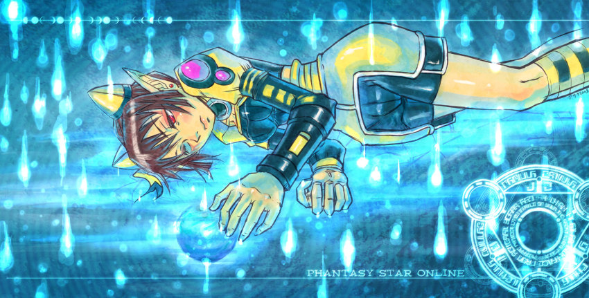 1girl, bike_shorts, brown_hair, copyright_name, double_bun, earrings, energy, eyeshadow, female_focus, fonewearl, hair_bun, highres, hirosawa_asaki, jewelry, kneehighs, long_sleeves, lying, makeup, on_side, one_eye_closed, phantasy_star, phantasy_star_online, pointy_ears, puffy_sleeves, rain, red_eyes, short_hair, skirt, socks, solo, striped_clothes, striped_socks, wince, wink