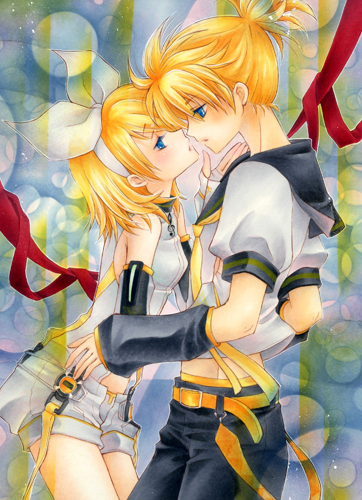1boy, 1girl, aoi_yuuka_(ao_no_kokoro), belt, blonde_hair, blue_eyes, blush, bow, brother_and_sister, buckle, elbow_gloves, gloves, hetero, imminent_kiss, incest, kagamine_len, kagamine_rin, short_hair, shorts, siblings, twincest, twins, vocaloid