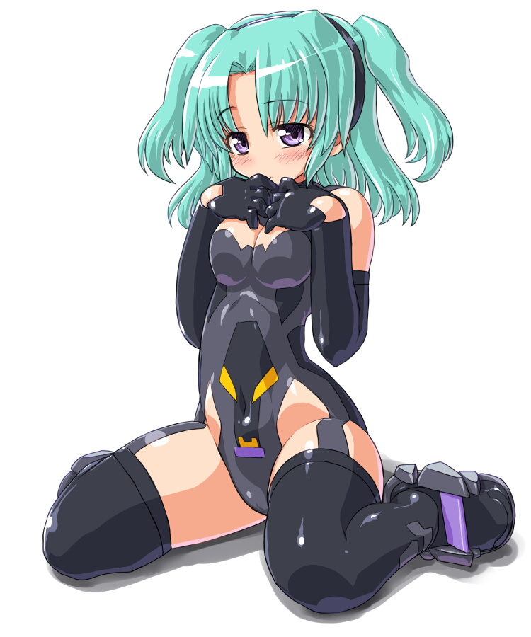 10s, 1girl, aqua_hair, bad_id, bad_pixiv_id, black_thighhighs, blush, breasts