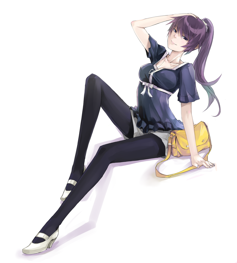 1girl, arm_support, bag, bakemonogatari, black_pantyhose, blue_eyes, breasts, dafei