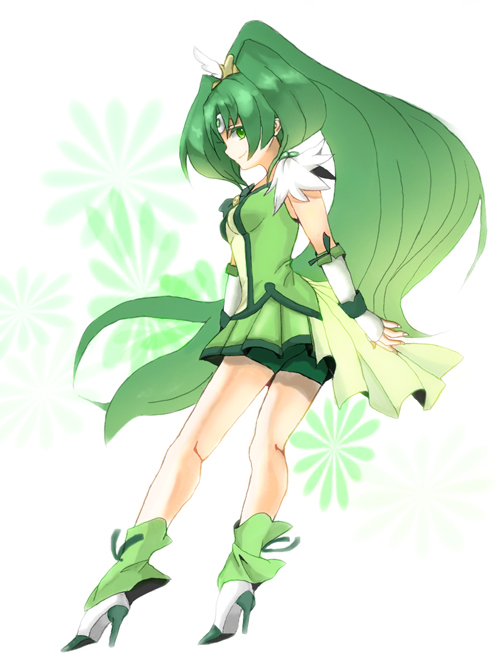 10s, 1girl, bad_id, bad_pixiv_id, bike_shorts, bike_shorts_under_skirt, boots, choker, cure_march, dress, female_focus, green_dress, green_eyes, green_hair, green_shorts, green_skirt, green_theme, high_heels, long_hair, magical_girl, matching_hair/eyes, memos37, midorikawa_nao, ponytail, precure, shoes, shorts, shorts_under_skirt, skirt, smile, smile_precure!, solo, standing, tiara, tri_tails, very_long_hair, wrist_cuffs