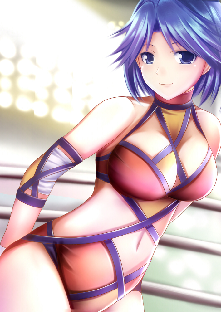 1girl, bad_id, bad_pixiv_id, blue_eyes, blue_hair, breasts, female_focus, large_breasts, leotard, lips, looking_at_viewer, matching_hair/eyes, nannacy7, navel, ogawa_hikaru, red_leotard, short_hair, smile, solo, wrestle_angels, wrestle_angels_survivor, wrestling_outfit, wrestling_ring