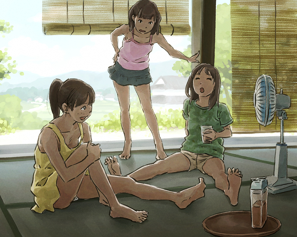 3girls, barefoot, camisole, collarbone, dress, drink, electric_fan, feet