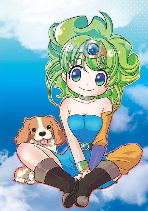1girl, asymmetrical_clothes, bad_id, bad_pixiv_id, blue_dress, blue_skirt, boots, child, chunsoft, circlet, dog, dragon_quest, dragon_quest_iv, dress, enix, green_hair, heroine_(dq4), skirt, sky, smile, strapless, strapless_dress, tongue, yukimiya_chino