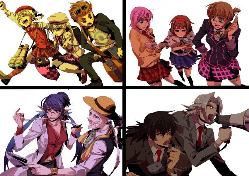 >_<, 00s, 4boys, 6+girls, absurdres, albino, alexei_dinoia, alternate_costume, alternate_hairstyle, arm_up, black_hair, blonde_hair, blue_hair, brown_eyes, brown_hair, cake, closed_eyes, elize_lutus, elize_lutus_(school_uniform), estellise_sidos_heurassein, estellise_sidos_heurassein_(campus_royalty), food, formal_clothes, gaius_(tales), green_eyes, happy, hat, highres, in-franchise_crossover, judith_(school_nurse)_(tales), judith_(tales), karol_capel, karol_capel_(campus_lackey_future_leader), konami3521, lab_coat, leia_rolando, leia_rolando_(school_uniform), long_hair, multiple_boys, multiple_girls, necktie, official_alternate_costume, patty_fleur, pink_hair, plate, pointy_ears, red_eyes, rita_mordio, rowen_j._ilbert, school_uniform, short_hair, suit, tales_of_(series), tales_of_vesperia, tales_of_xillia, teepo_(tales), twintails, white_background, white_hair