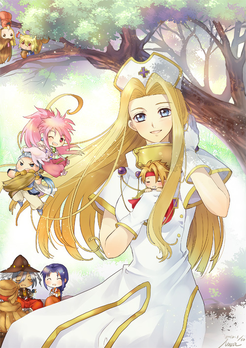 00s, 4boys, 4girls, arche_klein, chester_burklight, chibi, claus_f._lester, cress_albane, emil_castagnier, fujibayashi_suzu, hair_intakes, milard_rune, mint_adenade, multiple_boys, multiple_girls, nadir_(nadirnek), pants, pink_pants, tales_of_(series), tales_of_phantasia, tales_of_symphonia, tales_of_symphonia:_dawn_of_the_new_world