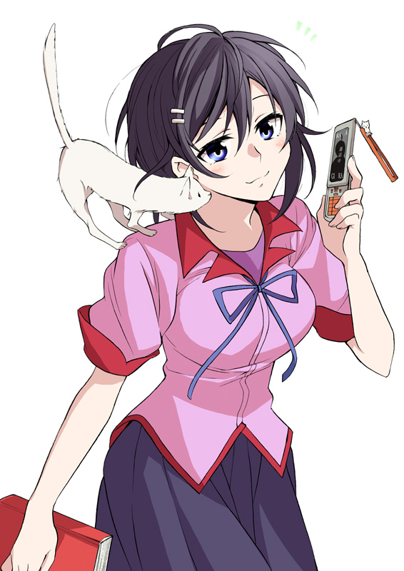 10s, 1girl, alternate_breast_size, animal, animal_on_shoulder, bakemonogatari, black_hair, blue_eyes