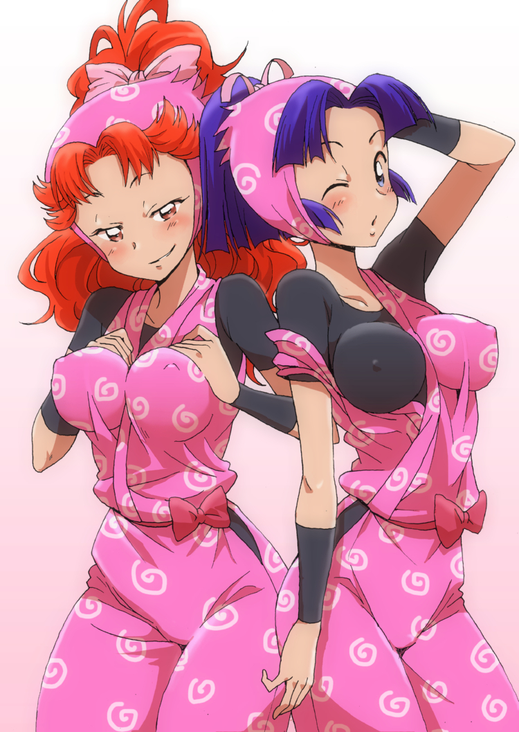 2girls, ;o, blue_eyes, blue_hair, breasts, covered_erect_nipples, fumitan_(humitan), large_breasts, multiple_girls, ninja, one_eye_closed, orange_eyes, orange_hair, ponytail, rakudai_ninja_rantarou, tomomi_(rakudai_ninja_rantarou), wink, yuki_(rakudai_ninja_rantarou)