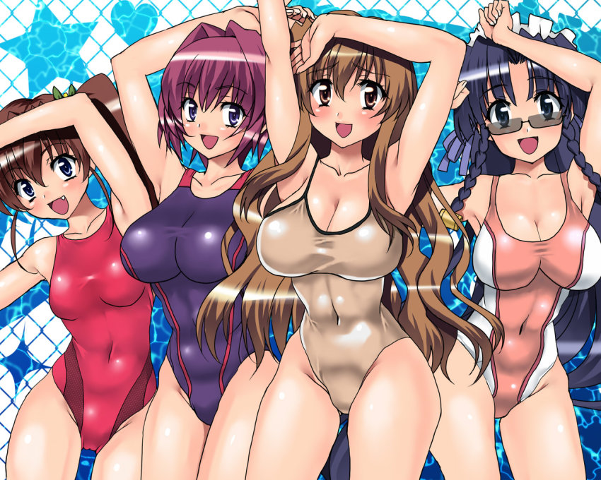 4girls, amamiya_shiina, arms_up, bad_id, bad_pixiv_id, black_eyes, black_hair, blue_eyes, blue_hair, braid, breasts, brown_eyes, brown_hair, censored, competition_swimsuit, fang, large_breasts, long_hair, maid_headdress, multiple_girls, nanashiro_nanami, nogizaka_haruka, nogizaka_haruka_no_himitsu, nogizaka_mika, one-piece_swimsuit, open_mouth, purple_hair, red_hair, sen_(sansui), short_hair, small_breasts, smile, sunglasses, swimsuit, take_your_pick, twin_braids, twintails