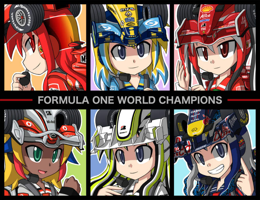 6+girls, annotated, bad_id, bad_pixiv_id, blue_eyes, chibi, dark_skin, dark-skinned_female, fernando_alonso, ferrari, formula_one, gender_request, genderswap, green_eyes, headset, helmet, highres, jenson_button, kimi_raikkonen, lewis_hamilton, mercedes-benz, michael_schumacher, miyako_(f1), miyako_f1, multicolored_hair, multiple_girls, personification, red_bull, red_eyes, renault, sebastian_vettel