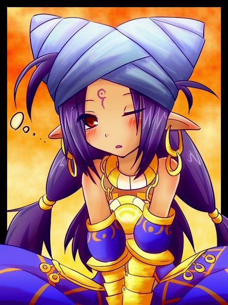 1girl, bare_shoulders, blush, luminous_arc, pants, pointy_ears, purple_hair, red_eyes