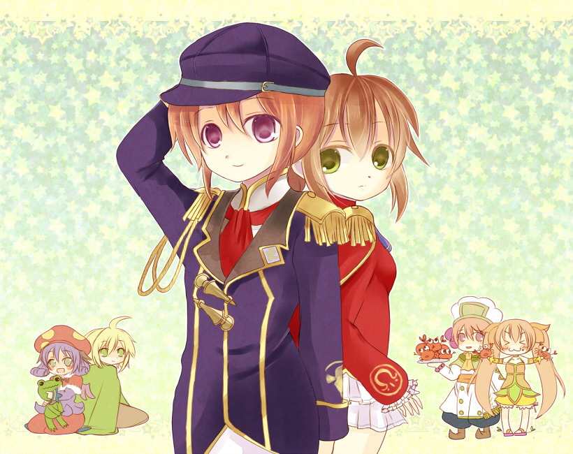 animal, bare_shoulders, blonde_hair, blue_hair, breasts, brown_hair, crab, closed_eyes