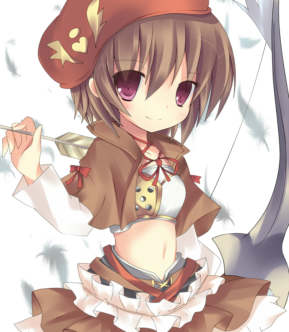 1girl, belt, beret, bow_(weapon), breasts, brown_hair, feathers, hat