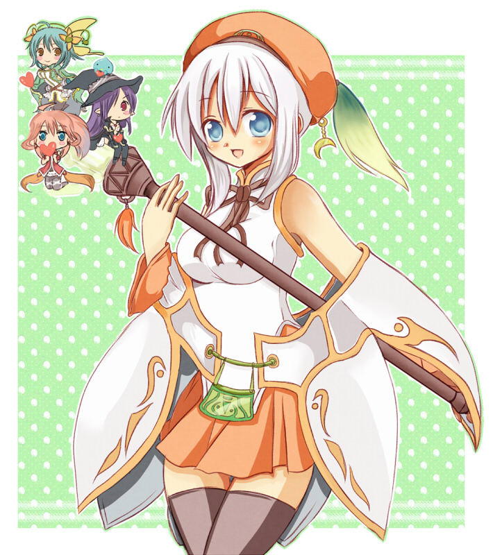 4girls, althea_(luminous_arc), bare_shoulders, beret, blue_eyes, blue_hair, breasts, brown_eyes