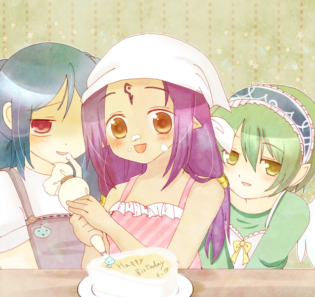 3girls, apron, birthday, blue_hair, blush, brown_eyes, cake, food