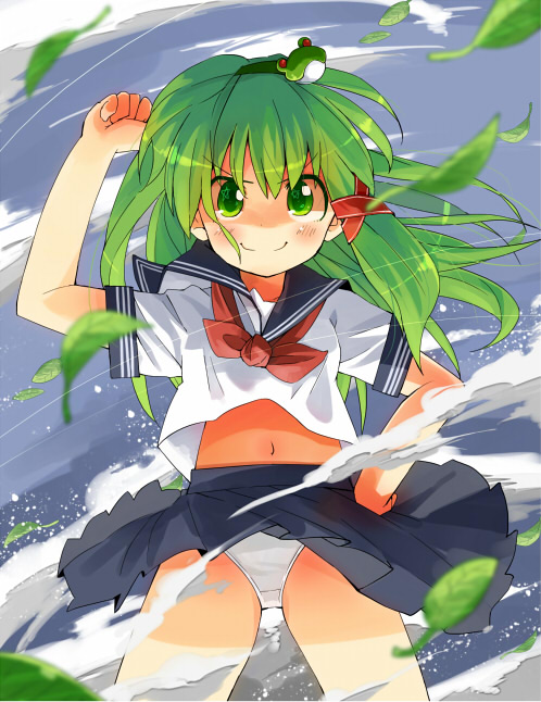 1girl, alternate_costume, blush, female_focus, frog_hair_ornament, green_eyes, green_hair, hair_ornament