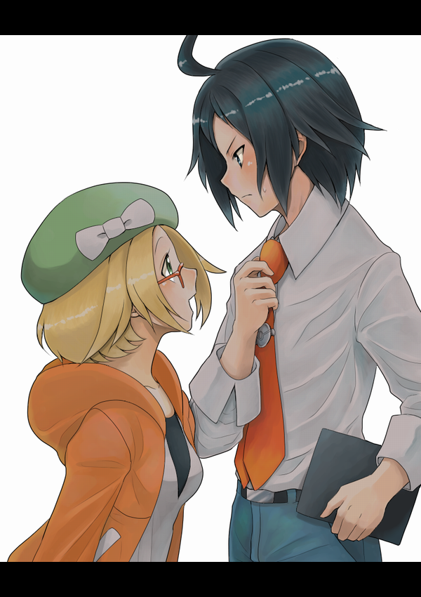 10s, 1boy, 1girl, ahoge, bad_id, bad_pixiv_id, beret, bianca_(pokemon), black_hair, blonde_hair, blue_eyes, cheren_(pokemon), dicembre04, glasses, green_eyes, hat, hat_ribbon, jacket, letterboxed, necktie, nintendo, pokemon, pokemon_black_2_and_white_2, ribbon, semi-rimless_eyewear, smile