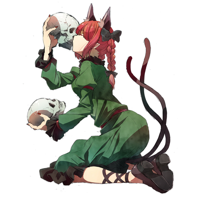 1girl, animal_ears, bow, braid, cat_ears, cat_girl, cat_tail, closed_eyes