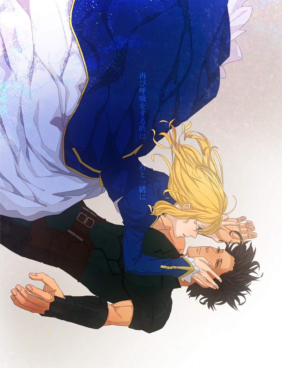 1boy, 1girl, ahoge, artoria_pendragon_(fate), black_hair, blonde_hair, diarmuid_ua_duibhne_(fate), diarmuid_ua_duibhne_(lancer)_(fate), dress, falling, fate/zero, fate_(series), green_eyes, hair_down, hair_ribbon, hands_on_another's_face, highres, long_hair, ribbon, saber_(fate), stmtyn0415