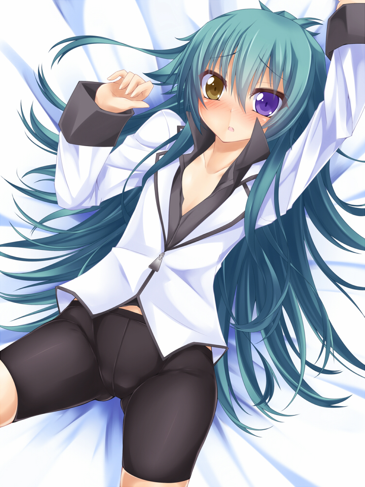 1girl, bike_shorts, blue_hair, blush, breasts, heterochromia, jacket, leura_arcane