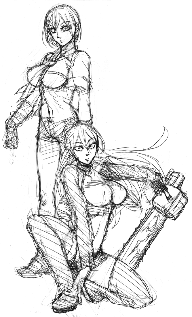 2girls, bad_id, bad_pixiv_id, breasts, chainsaw, crop_top, graphite_(medium), greyscale