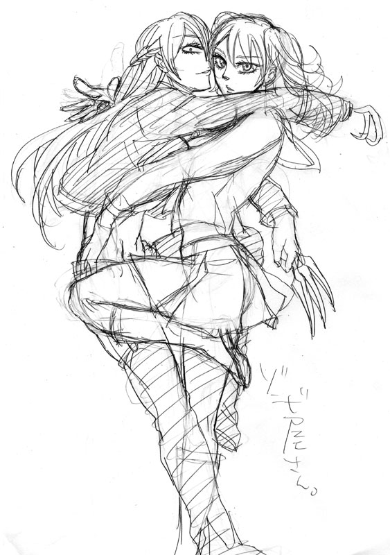 2girls, amputee, bad_id, bad_pixiv_id, claw_(weapon), graphite_(medium), greyscale, hug