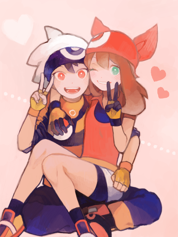 00s, 1boy, 1girl, bad_drawr_id, bad_id, bandana, black_hair, brendan_(pokemon), brown_hair, drawr, fingerless_gloves, gloves, hat, may_(pokemon), nintendo, oekaki, open_mouth, pink_background, pokemon, pokemon_ruby/sapphire/emerald, sitting, yayo, yayo_(watankonasu)