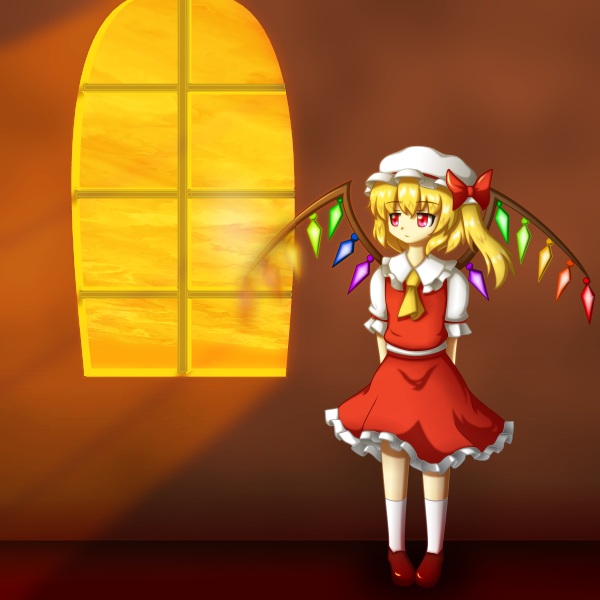1girl, :o, arms_behind_back, ascot, blouse, disintegration, female_focus, flandre_scarlet, full_body, hat, hat_ribbon, ilk, kneehighs, looking_away, red_eyes, ribbon, shadow, shirt, short_sleeves, side_ponytail, skirt, socks, solo, sunlight, sunset, touhou, vest, white_socks, window, wings