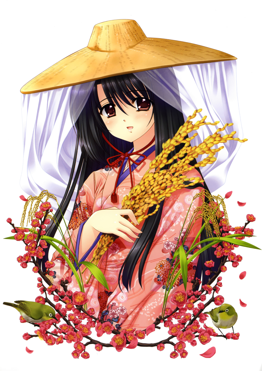 1girl, absurdres, akita_komachi_(rice), bird, cherry_blossoms, female_focus, hat, highres, japanese_clothes, kimono, nishimata_aoi, solo, straw_hat, upper_body, veil, wheat