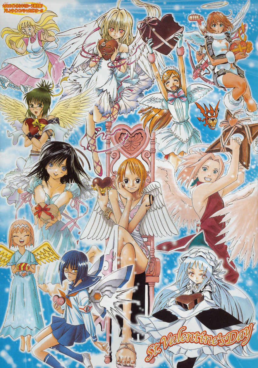 00s, 6+girls, air_(visual_novel), akimoto_katherine_reiko, anezaki_mamori, angel, angel_wings, annotation_request, bangle, beauty_(bobobo-bo_bo-bobo), black_cat_(series), black_hair, bleach, blonde_hair, blue_eyes, blue_hair, bob_cut, bobobo-bo_bo-bobo, bow_(weapon), bracelet, breasts, brown_eyes, brown_hair, busou_renkin, candy, chair, chocolate, chocolate_heart, cloud, company_connection, cross, cross_print, crossbow, crossover, dress, earrings, eve_(black_cat), eyeshield_21, female_focus, flower, flying, food, food_on_face, green_eyes, green_hair, hair_between_eyes, hair_ornament, happy, haruno_sakura, heart, highres, ichigo_100%, inoue_orihime, iron_maiden_jeanne, jewelry, kneehighs, kochikame, long_hair, maid, mr._fullswing, multiple_crossover, multiple_girls, nail_polish, nami_(one_piece), naruto_(classic), naruto_(series), off_shoulder, official_art, on_throne, one_piece, open_mouth, orange_hair, oversized_wings, red_eyes, ribbon, sandals, scar, scar_on_face, scar_on_nose, school_uniform, serafuku, shaman_king, short_hair, shoulder_tattoo, shounen_jump, shuriken, sitting, smile, socks, swept_bangs, tattoo, throne, toenail_polish, toenails, torii_nagi, toujou_aya, tsumura_tokiko, valentine, weapon, wings, yellow_wings