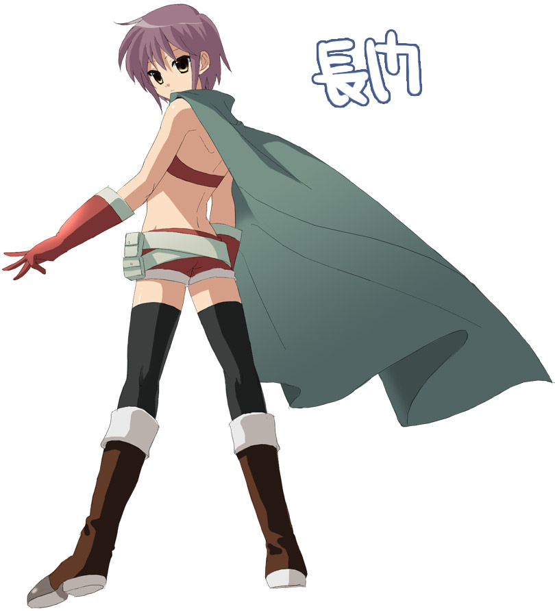 00s, 1girl, back, bare_shoulders, boots, cape, female_focus, gloves